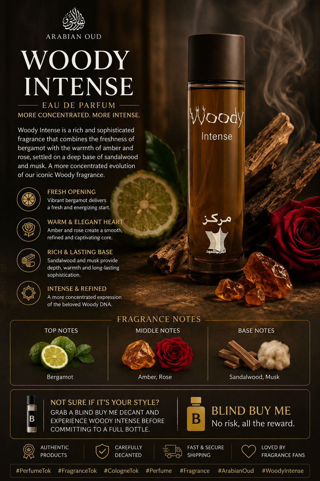 Arabian Oud Woody Intense perfume decant sample bottle